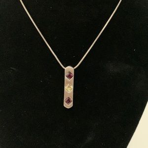 17" Stainless Steel Chain With Palladium Pendant, 3 Stones Amethyst And Peridot